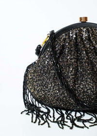 Black Clutch In Sequins Fabric With Cut Dana Fringes On The Edges By Solasta