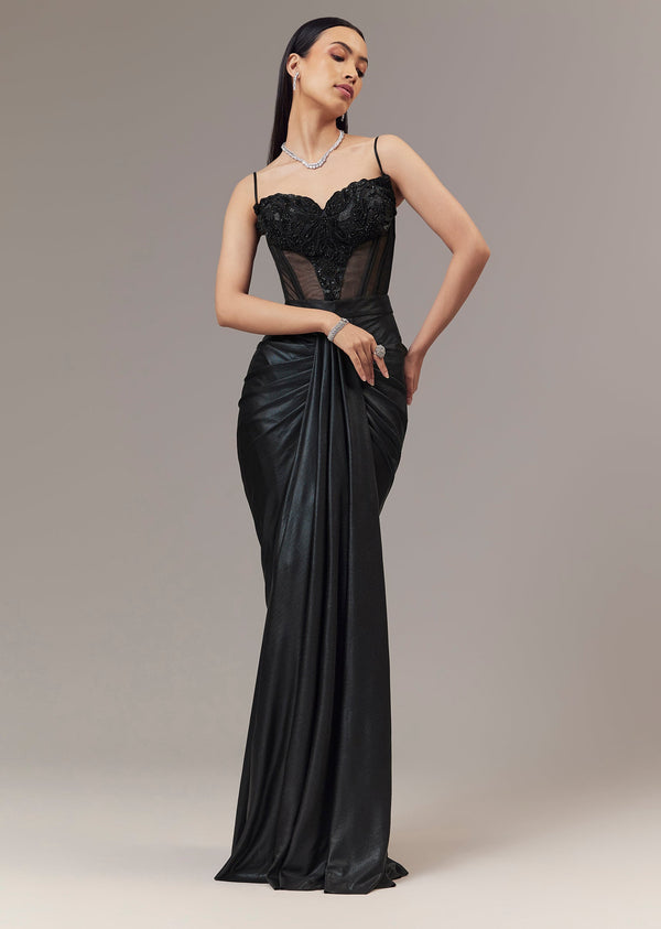 Black Embroidered Corset Gown With Cutdana Detailing