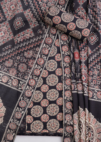Black Cotton Ajrakh Printed Unstitched Suit Set With Dupatta