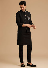 Black Cotton Kurta Set With Embroidered Pocket And Collar