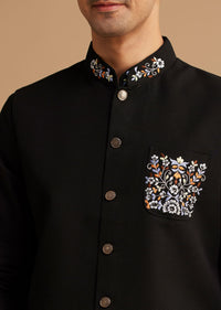 Black Cotton Kurta Set With Embroidered Pocket And Collar