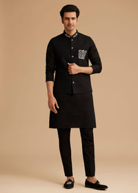 Black Cotton Kurta Set With Embroidered Pocket And Collar