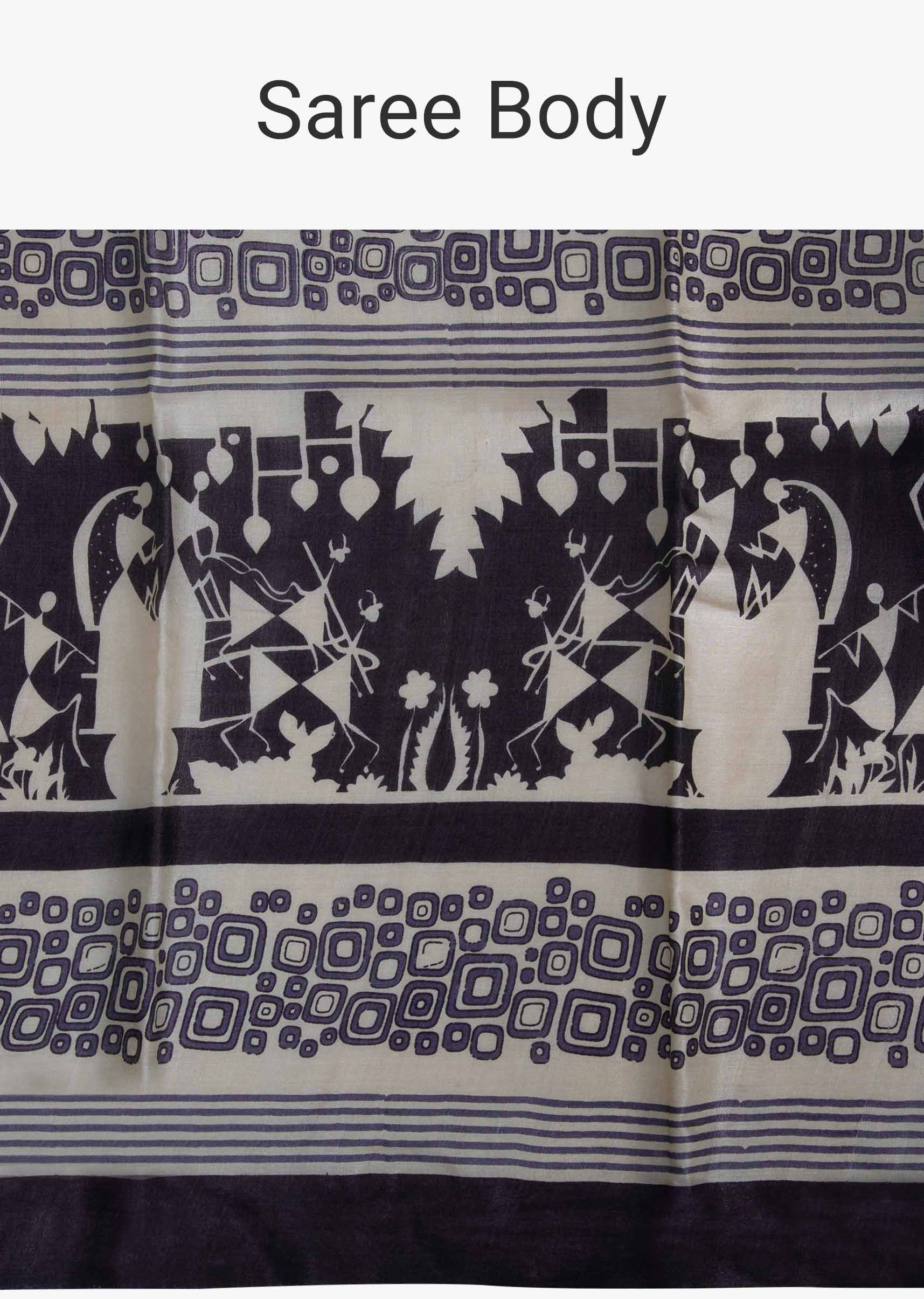 Black cotton silk saree in tribal print
