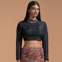 Black Crop Top In Raw Silk With A High Neckline And Full Sleeves