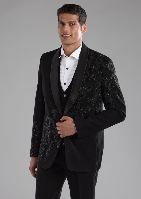 Black Cutdana Embellished Tuxedo Set