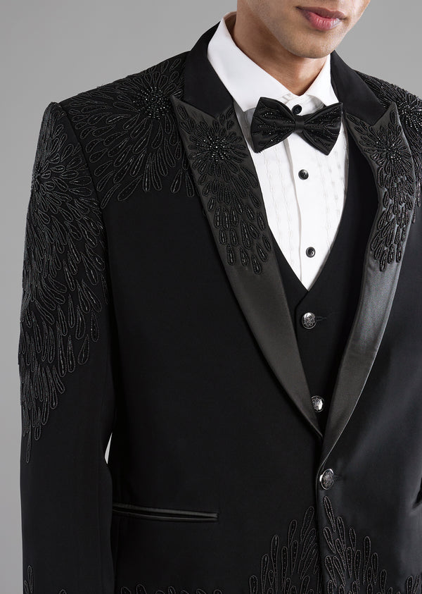 Black Cutdana Work Tuxedo, Shirt and Bow Set