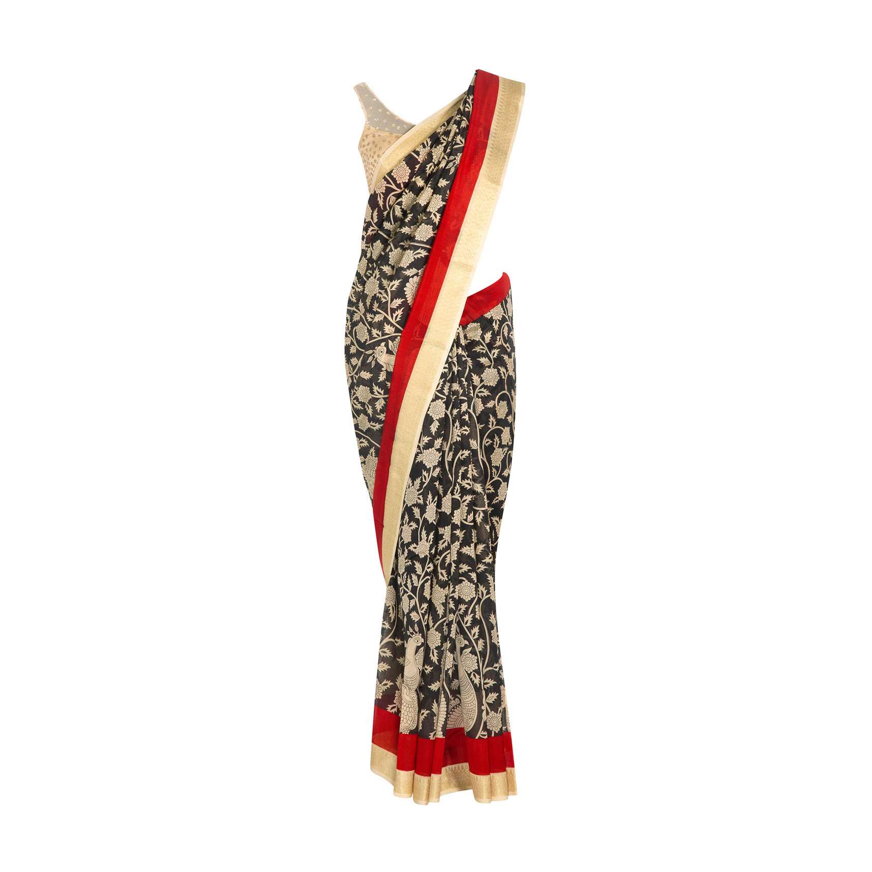 Black damask print saree in brocade border