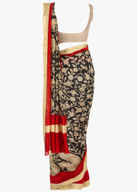 Black damask print saree in brocade border