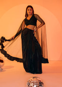 Black Crepe Drape Skirt Choli And Tulle Cape Set