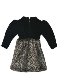 Black Dress In Velvet With Animal Printed Fur On The Bottom Part By Fayon Kids