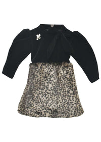Black Dress In Velvet With Animal Printed Fur On The Bottom Part By Fayon Kids