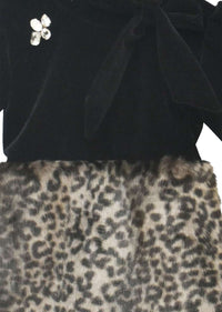 Black Dress In Velvet With Animal Printed Fur On The Bottom Part By Fayon Kids