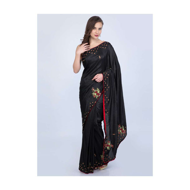 Black Saree In Dupion Silk With Embroidered Butti And Border Online - Kalki Fashion