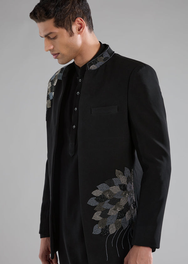 Black Embellished Jodhpuri Kurta Set with Resham Work