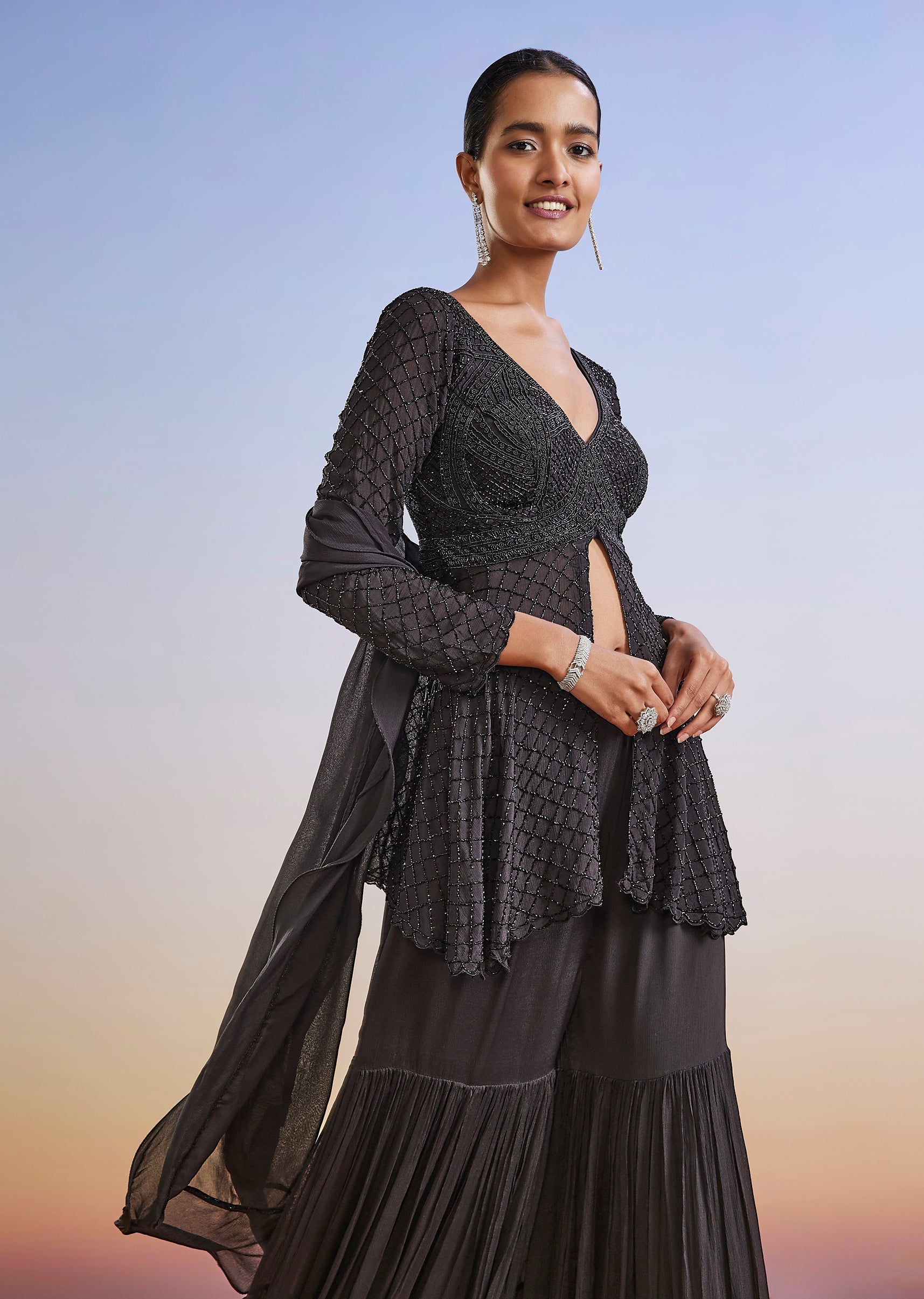 Buy Black Embroidered Chinon Sharara Suit With Peplum Kurta