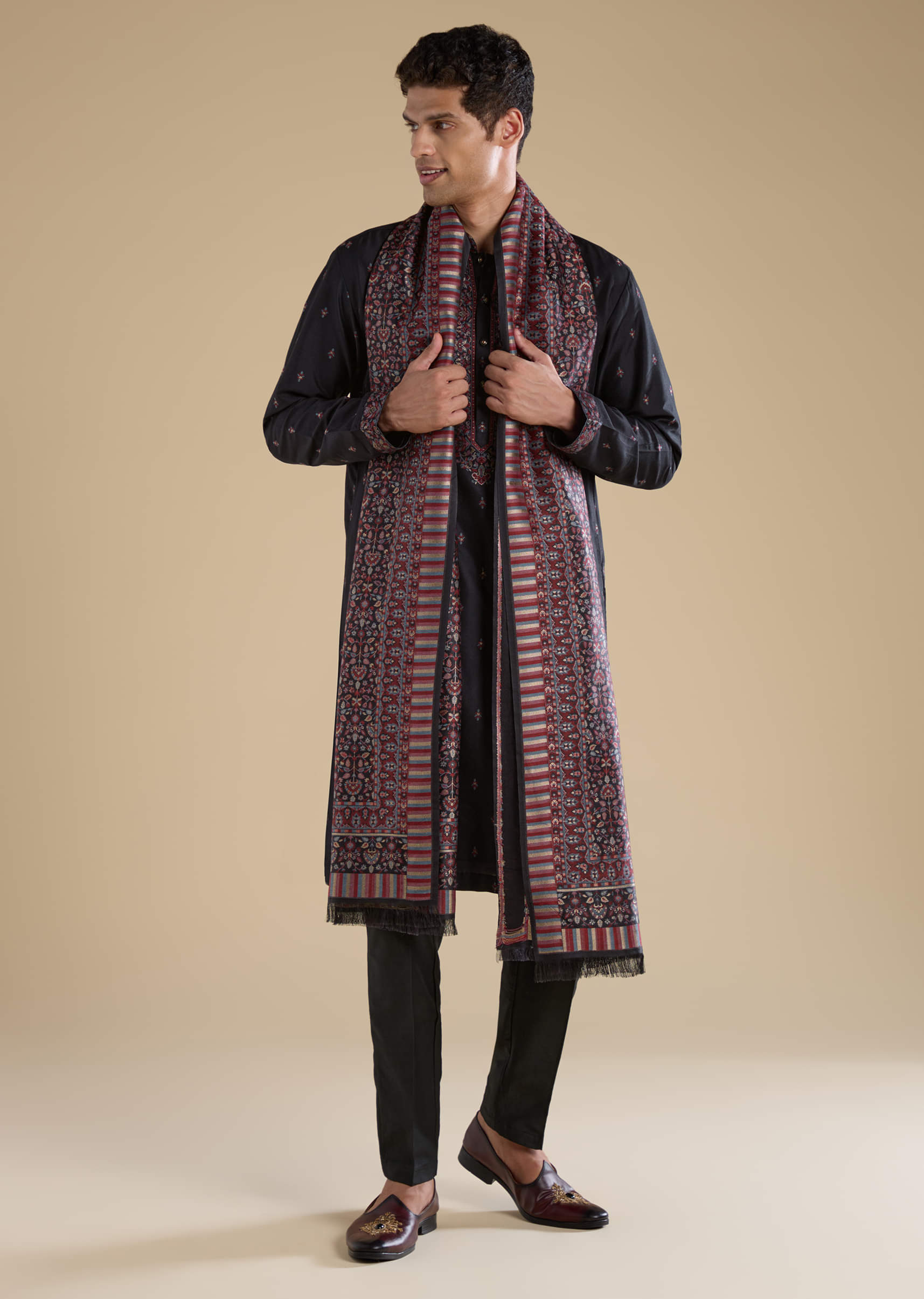 Black Embroidered Mens Kurta And Pant Set