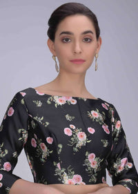 Black Blouse In Floral Printed Silk Online - Kalki Fashion