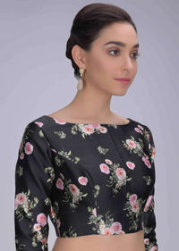 Black Blouse In Floral Printed Silk Online - Kalki Fashion