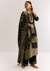 Black Georgette Banarasi Kurta Set With Mirror And Cutdana Neckline