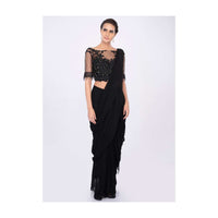 Black georgette draped saree with net embroidered blouse only on kalki