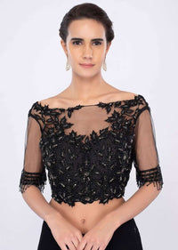 Black georgette draped saree with net embroidered blouse only on kalki