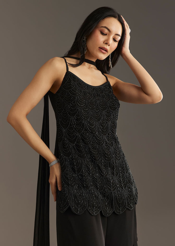Black Georgette Kurta With Cut Dana And Moti Work And Tassel Dupatta