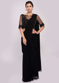 Black georgette ready pleated saree with cut dana embroiderd net blouse