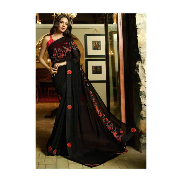 Black Georgette Saree Embellished Floral Motif Resham Embroidery Online - Kalki Fashion