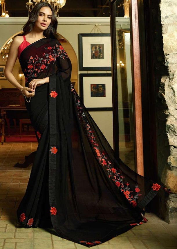 Black Georgette Saree Embellished Floral Motif Resham Embroidery Online - Kalki Fashion