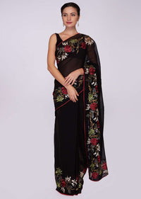 Black georgette saree in floral embroidery