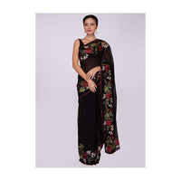 Black georgette saree in floral embroidery only on Kalki