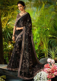 Black Saree In Georgette With Floral Print Online - Kalki Fashion