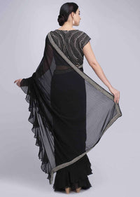 Black Saree In Georgette With Frilled Hem And Pallo Online - Kalki Fashion