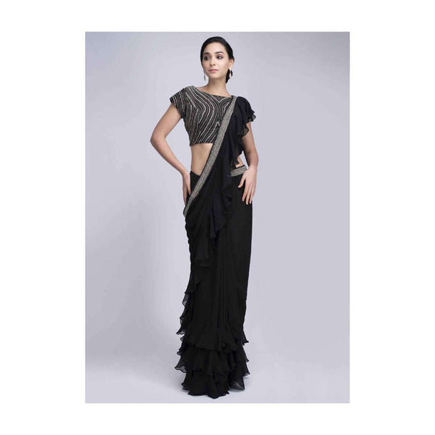 Black Saree In Georgette With Frilled Hem And Pallo Online - Kalki Fashion