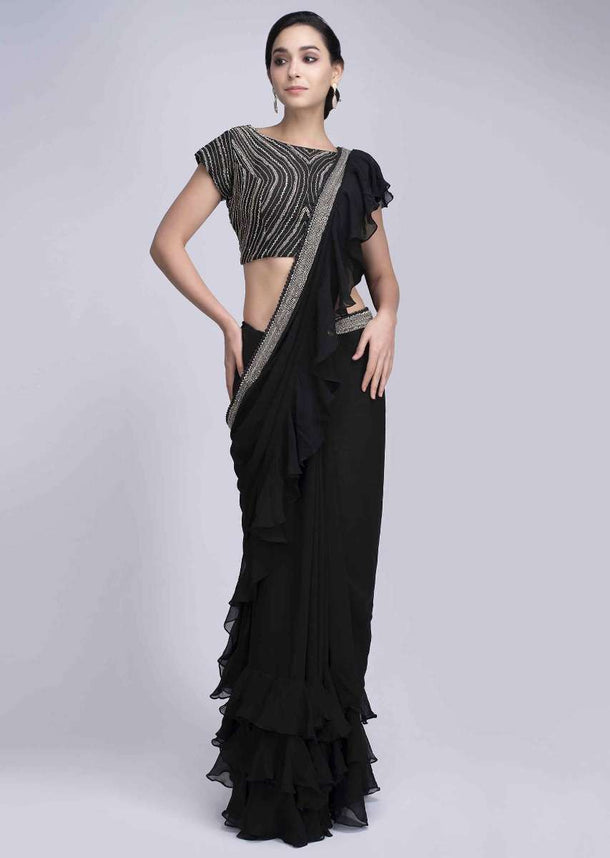 Black Saree In Georgette With Frilled Hem And Pallo Online - Kalki Fashion