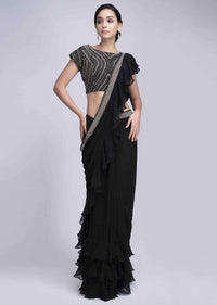 Black Saree In Georgette With Frilled Hem And Pallo Online - Kalki Fashion