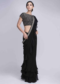 Black Saree In Georgette With Frilled Hem And Pallo Online - Kalki Fashion