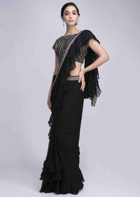 Black Saree In Georgette With Frilled Hem And Pallo Online - Kalki Fashion