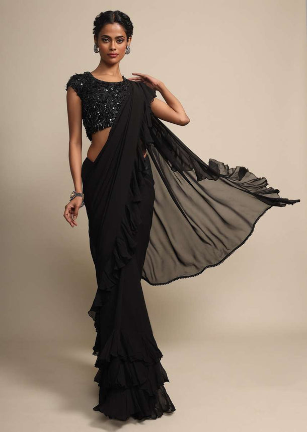 Black Georgette Saree With Frills Online - Kalki Fashion