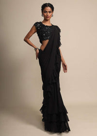 Black Georgette Saree With Frills Online - Kalki Fashion