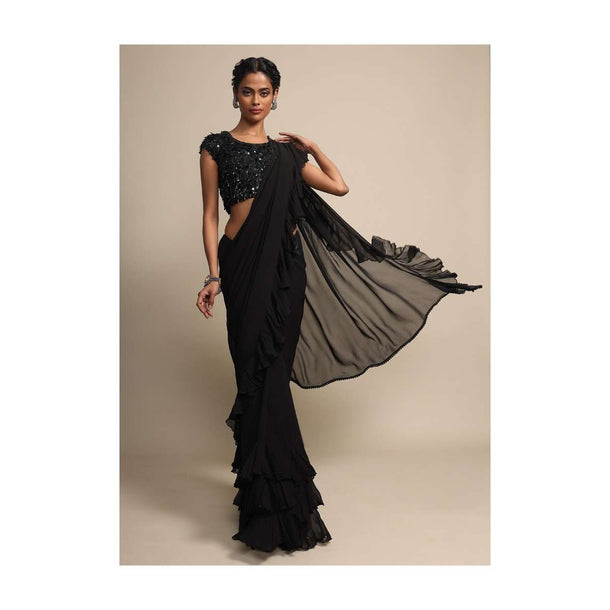 Black Georgette Saree With Frills Online - Kalki Fashion