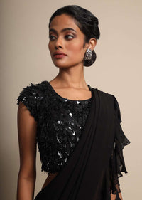 Black Georgette Saree With Frills Online - Kalki Fashion