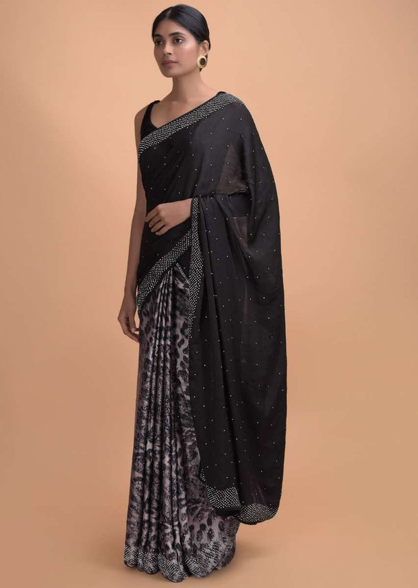 Black Half And Half Saree In Satin Crepe With Animal Print On The Pleats Online - Kalki Online