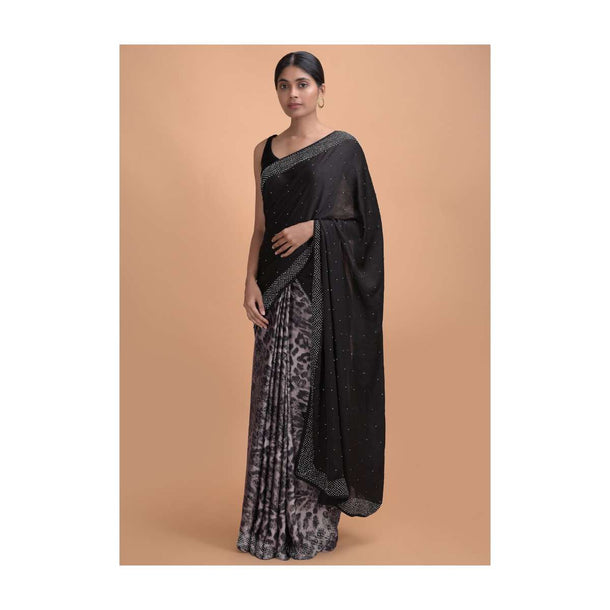 Black Half And Half Saree In Satin Crepe With Animal Print On The Pleats Online - Kalki Online