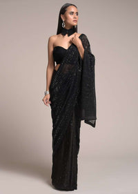 Black Half And Half Saree In Satin With Sequins Buttis And Crushed Sequins Pallu Online - Kalki Fashion