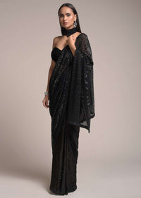 Black Half And Half Saree In Satin With Sequins Buttis And Crushed Sequins Pallu Online - Kalki Fashion