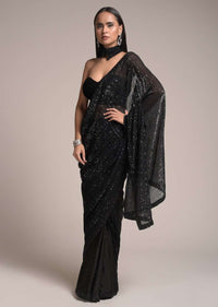 Black Half And Half Saree In Satin With Sequins Buttis And Crushed Sequins Pallu Online - Kalki Fashion