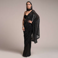 Black Half And Half Saree In Satin With Sequins Buttis And Crushed Sequins Pallu Online - Kalki Fashion