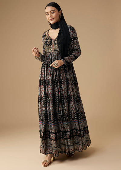 Black Hand Dyed Ajrakh Gown Set with Jacket and Scarf
