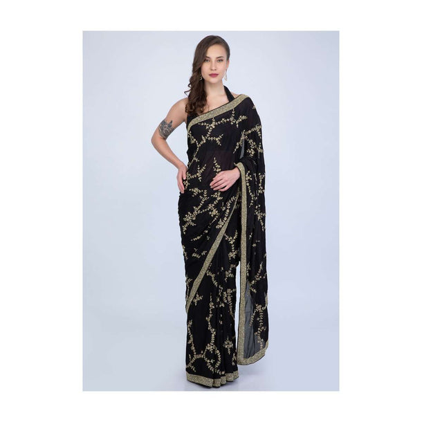 Black heavy satin chiffon saree with floral jaal embroidery only on Kalki